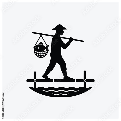 Silhouette of a fisherman casting a net and catching fish.