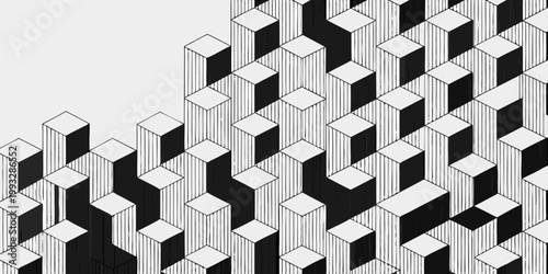 Abstract geometric pattern of black and white rectangular prisms