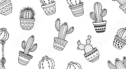 Cute cactus doodle seamless pattern with potted succulents vector background for fabric and wrapping paper