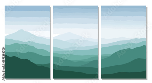 Serene abstract vector illustration of layered mountain peaks in calming gradient shades of blue and green.