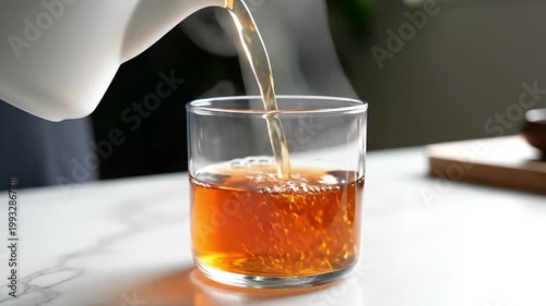 Hot amber tea pouring from white teapot into clear glass cup