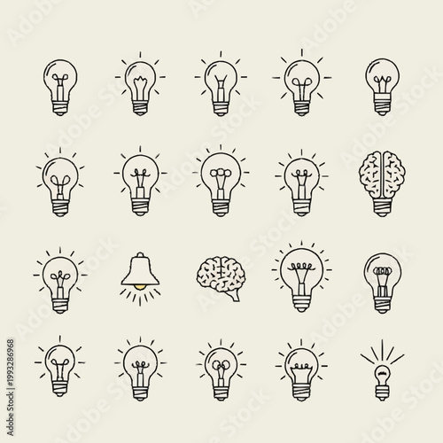Collection of hand-drawn light bulb icons and brain illustrations.