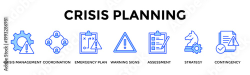 Crisis Planning  Banner Web  Icon Set Collection Pack Vector Illustration Concept Containing Crisis Management, Coordination, Emergency Plan, Warning Signs, Assessment, Strategy, Contingency