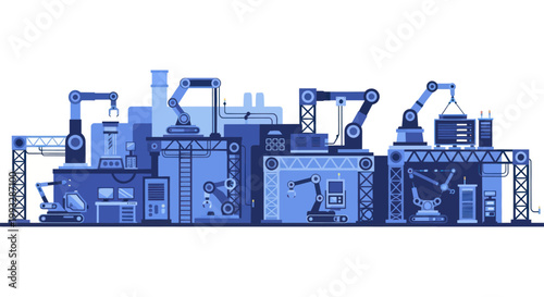 Automated factory production line with robotic arms and machinery.