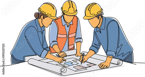 Continuous line drawing of three engineers in hard hats collaborating over architectural blueprints on a white background