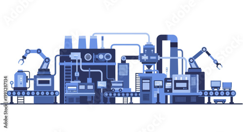 Automated factory production line with robotic arms and machinery.