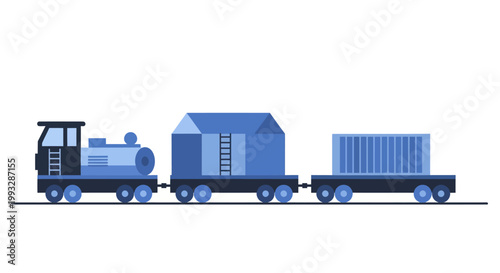 Blue Toy Train with Cargo Carriages on a White Background.