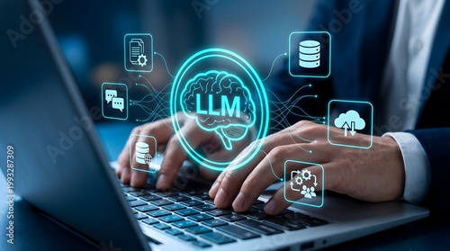 Cinematic close up of hands typing on a laptop with a glowing LLM brain interface and digital data icons for artificial intelligence and machine learning development in a dark office.