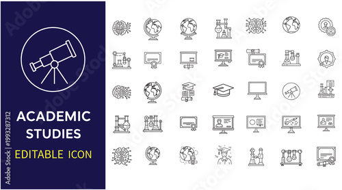 Editable academic studies and education line icon set for infographic and presentation