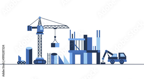 Construction site with crane and heavy machinery building a structure.