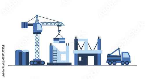 Construction site with crane lifting building materials and truck.