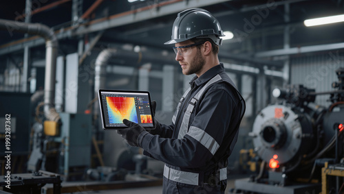 male industrial engineer in safety helmet and protective gear analyzing thermal heatmap data on digital tablet inside modern factory facility smart manufacturing and industry concept