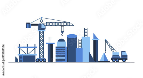 Construction site with various building elements and cranes.