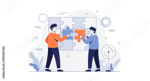 Two men assembling a jigsaw puzzle, teamwork and problem solving concept