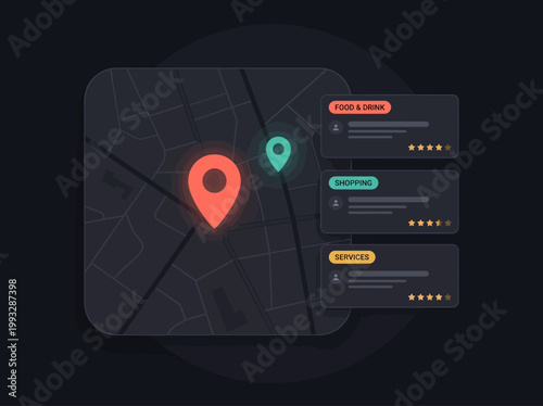 A digital illustration of a map with location markers and categorized listings for food, shopping, and services.