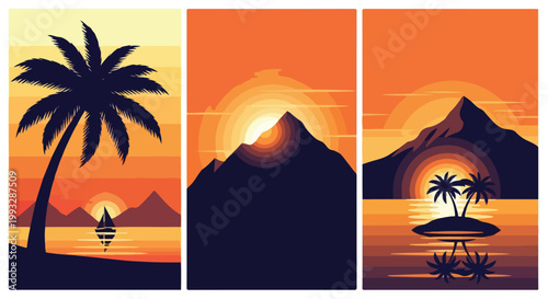 Tropical vector illustration set featuring beautiful sunset landscapes with palm trees and mountains in vibrant colors