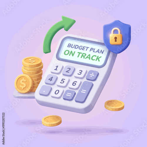 A 3D illustration of a calculator with a budget plan on track, surrounded by coins and a shield with a lock, symbolizing financial security and organization.