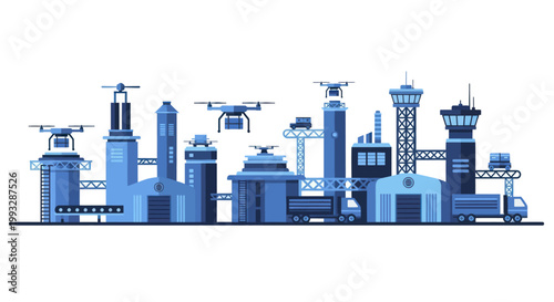 Futuristic drone delivery and logistics hub with modern infrastructure.