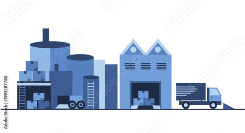 Industrial buildings and a delivery truck representing logistics and supply chain operations.