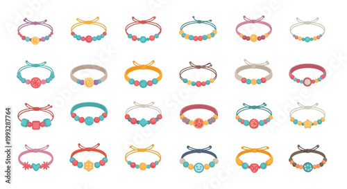 Colorful assortment of beaded bracelets arranged in rows on a white background.
