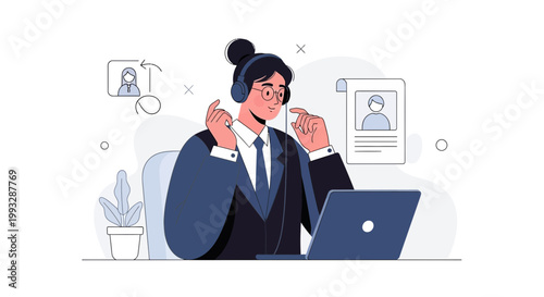 Customer service agent with headset and laptop, online consultation, remote work, business meeting