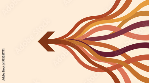 A stylized illustration of a brown arrow pointing to the left with multiple wavy lines in shades of orange and purple flowing from it.