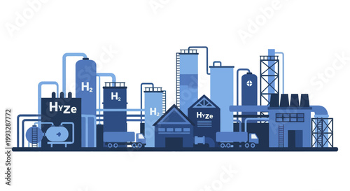 Hydrogen Production Plant with Industrial Buildings and Storage Tanks.