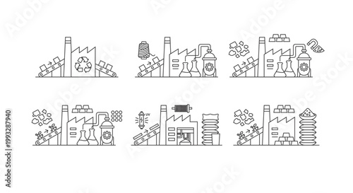 Material processing and waste recycling plant icons set, industrial mineral treatment and raw material recovery icons in black contour style