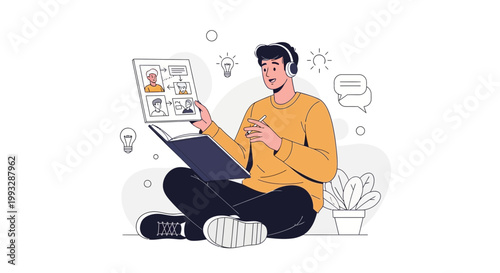 Young man with headphones learning online, holding a book, virtual meeting on screen