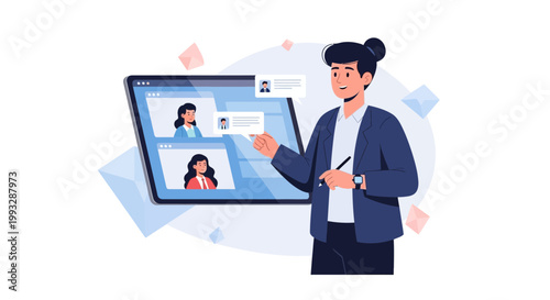 Man leading online meeting on tablet, virtual conference with colleagues, remote work concept