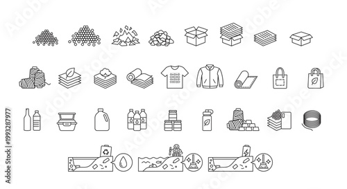 Recycled materials and sustainable products icons set, secondary raw materials, textile, plastic, paper packaging and environmental cleanup concepts in black contour style