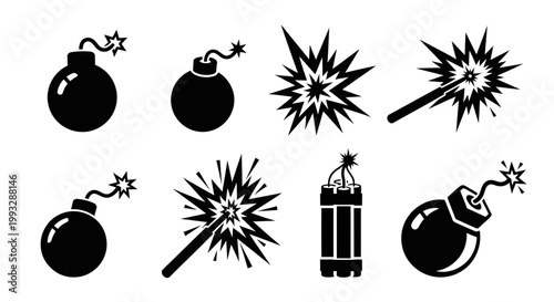 Explosion and bomb icons in black silhouette