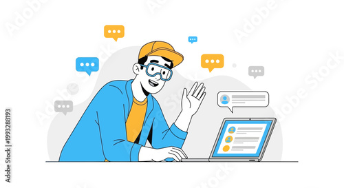 Man in virtual meeting, waving hello on video call, online communication concept