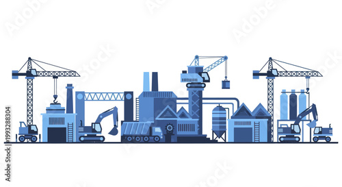 Industrial construction site with heavy machinery and buildings.