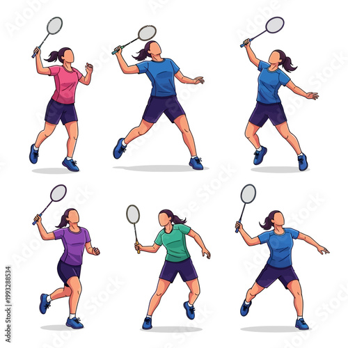 Six female badminton players in action poses with rackets