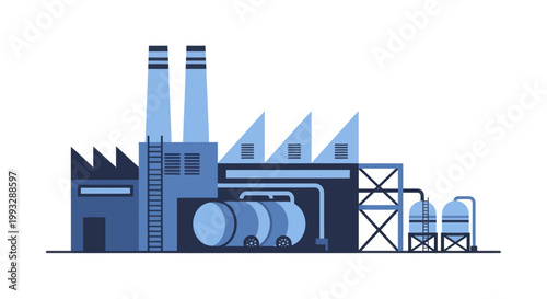 Industrial factory building with smokestacks and storage tanks.