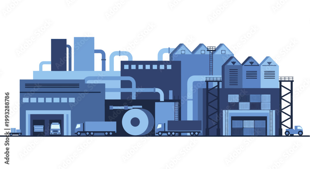 Fototapeta premium Industrial factory complex with multiple buildings and machinery.