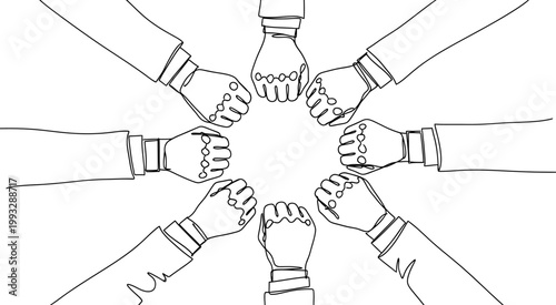 Minimalist continuous line drawing of diverse business hands in fists forming a circle for teamwork and unity