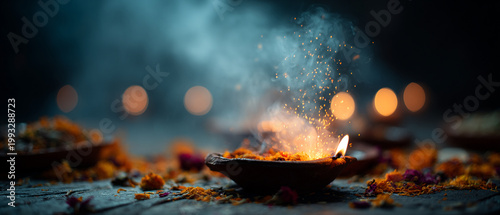 Traditional Clay Oil Lamp Burning for Diwali Festival with Smoke and Sparks