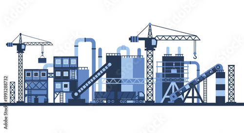 Industrial factory complex with cranes and machinery.