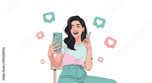 Woman taking selfie with phone, social media likes icons, happy expression, peace sign