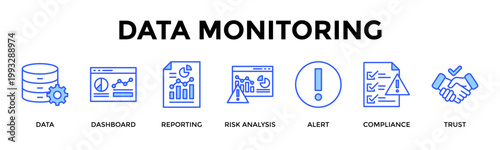 Data Monitoring  Banner Web  Icon Set Collection Pack Vector Illustration Concept Containing Data, Dashboard, Reporting, Risk Analysis, Alert, Compliance, Trust