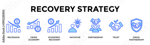 Recovery Strategy  Banner Web  Icon Set Collection Pack Vector Illustration Concept Containing Recession, Crisis Economy, Economic Recovery, Initiative, Partnership, Trust, Crisis Partnership