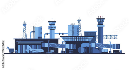 Industrial factory complex with multiple buildings and smokestacks.
