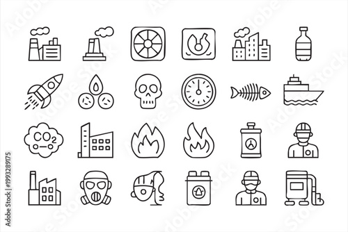 Factory Environment Icons, Pollution, Toxic Waste, Safety, Energy Industry UI