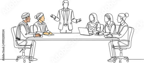 Minimalist Vector Illustration of a Multicultural Corporate Team Collaborating During a Professional Presentation in a Modern Office