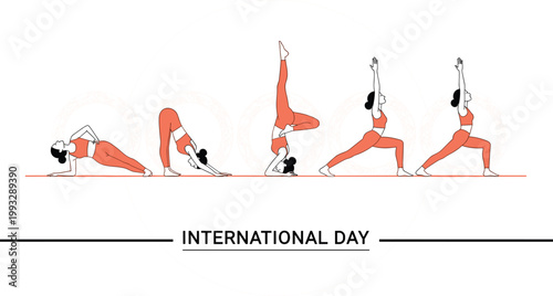 tInternational yoga day banner with woman performing various asana