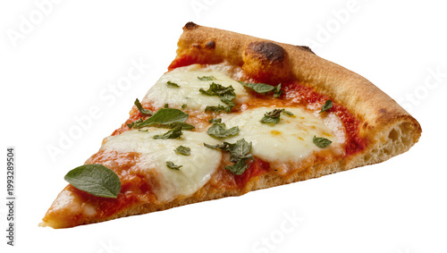 Fotografie Crispy crust Margherita pizza slice with melted cheese and basil
