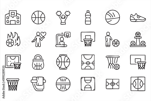 Sports Basketball Icons, Court Layout, Hoop, Ball, Coaching Interface