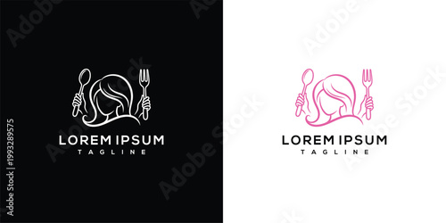 Feminine Culinary Logo Design with Woman's Profile and Cutlery